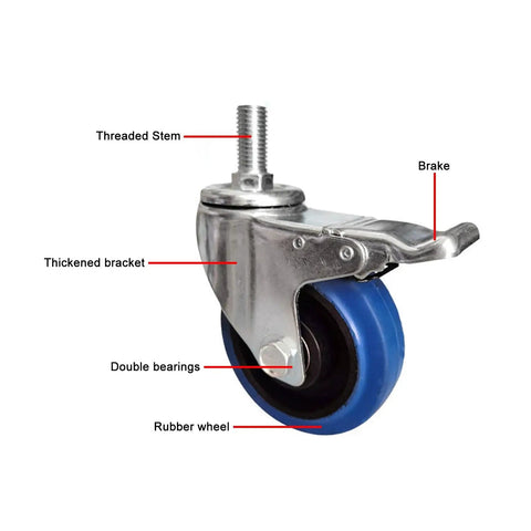 Heavy Duty Caster Wheels With Top Plate Swivel And Brakes, non-marking rubber caster with labeled parts like brake and bearings