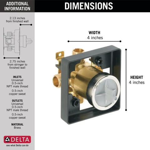 MultiChoice Universal Tub And Shower Valve Body For Tub Faucet Trim Kits with dimensions and brass finish