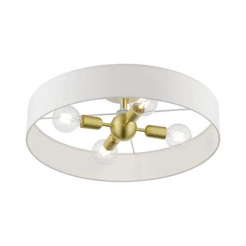 4 Light Brushed Nickel Semi Flush Mount Ceiling Fixture With Off White Fabric Hardback Shade, Venlo Collection, bulbs not included