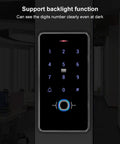 All In One Access Control System Kit With Fingerprint, RFID Card, And Password Keypad showing illuminated backlit keypad in the dark