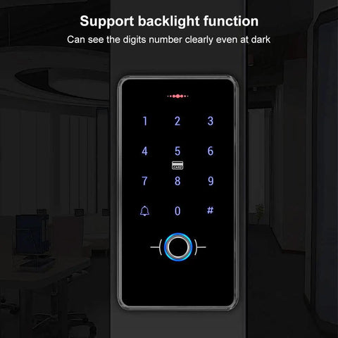 All In One Access Control System Kit With Fingerprint, RFID Card, And Password Keypad showing illuminated backlit keypad in the dark