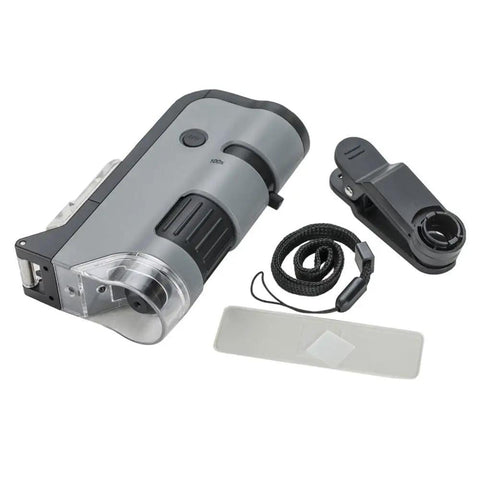 LED UV Pocket Microscope With 100x To 250x Zoom And Smartphone Clip Digiscoping A STEM Ed Tool For Students And Makers Delivers Sharp Images And Easy On The Go Documentation, gray handheld kit
