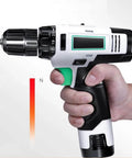 Heavy Duty Cordless Lithium Hammer Drill Impact Driver Kit With 25 Plus One Torque Settings Variable Speed Trigger Grip in hand.