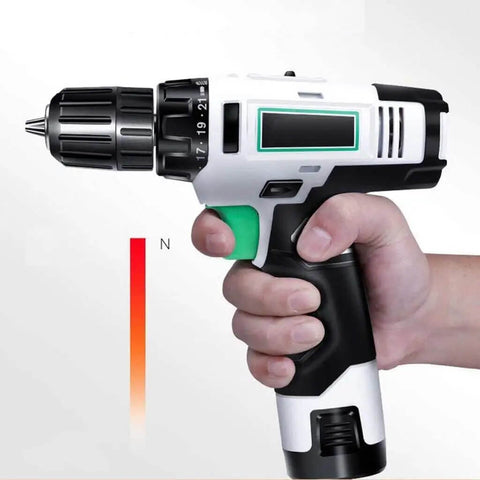 Heavy Duty Cordless Lithium Hammer Drill Impact Driver Kit With 25 Plus One Torque Settings Variable Speed Trigger Grip in hand.