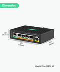 Beefy Five Port Gigabit PoE Switch with DC12V Input shown with dimensions; features ports for lighting and access points.