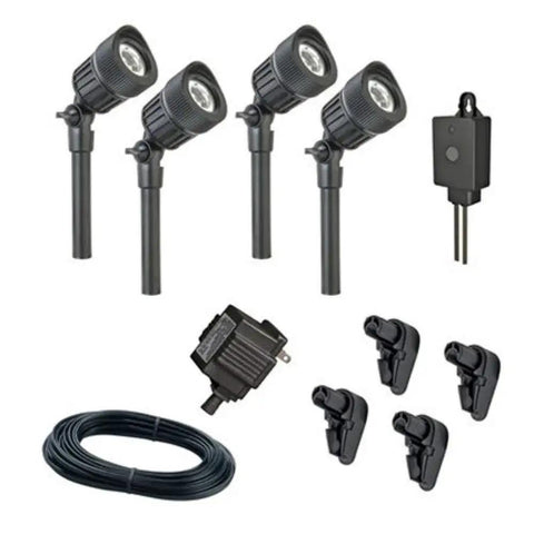 Low Voltage LED Micro Spot Light Kit 4 Pack With Aluminum Black Finish 50 Feet Wire 22W Transformer Timer Box And 4 Wall Brackets