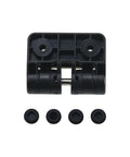Front view of resin positioning torque 90° hinge, black plastic with four cap plugs