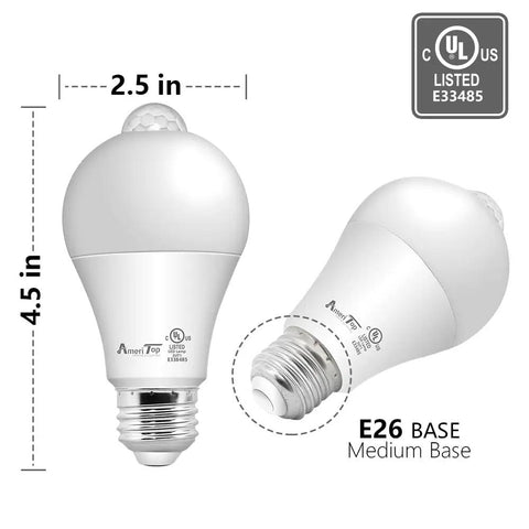 Motion Sensor LED Light Bulbs 2 Pack No Brainer Upgrade, 10W Equivalent 60W, 806 Lumens, Dusk To Dawn Auto On Off, Indoor Outdoor Lighting, 5000K Daylight, E26 Base, A19 Shape, UL Listed