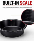 Huge 7 Qt Oil Drain Pan With Built Scale, Leak Proof Spout And Splash Guard shows interior scale markings for accurate measurement.