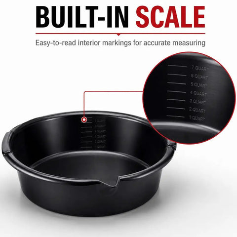 Huge 7 Qt Oil Drain Pan With Built Scale, Leak Proof Spout And Splash Guard shows interior scale markings for accurate measurement.