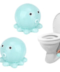 Set Of Two Blue Ceramic Octopus Toilet Bolt Covers Decorative Floor Screw Caps Fits Standard Plumbing installation next to toilet.