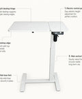 Stylish Electric Height Adjustable Mobile Overbed Side Table With Quiet Lifting Motor, Digital LED Display, Hidden Rolling Wheels, And Sleek Design For Ultimate Comfort And Versatile Usage In Any Bedroom Or Home Office Setup Today, featuring control panel and split top.