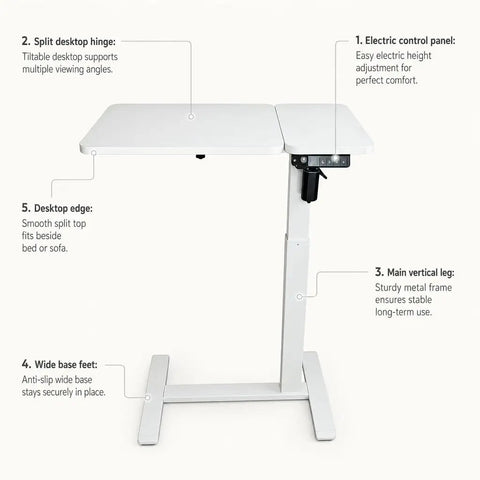 Stylish Electric Height Adjustable Mobile Overbed Side Table With Quiet Lifting Motor, Digital LED Display, Hidden Rolling Wheels, And Sleek Design For Ultimate Comfort And Versatile Usage In Any Bedroom Or Home Office Setup Today, featuring control panel and split top.