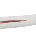 Close-up of white foam pipe insulation tubing showing open end and textured surface, size one inch by three eighth inch, six foot length
