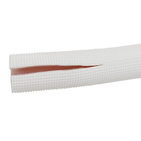 Close-up of white foam pipe insulation tubing showing open end and textured surface, size one inch by three eighth inch, six foot length