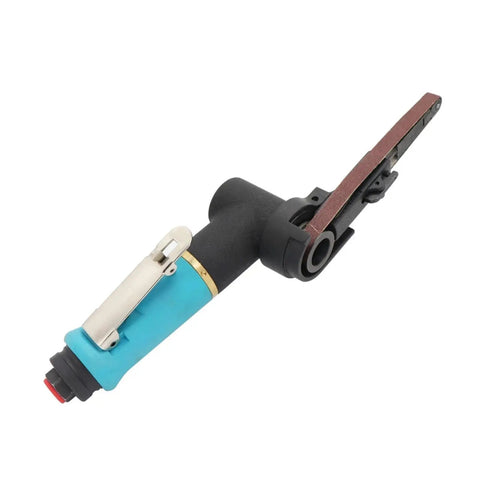 Mini Pneumatic Belt Grinder Sander Tool With Grit Belts For Polishing Metal, handheld with blue and black design for metal finishing.