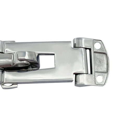 Close-up of Stainless Steel Spring Loaded Toggle Latch Clip for Cabinets and Drawers, part of Heavy Duty Hasp Clamp, showing hinge details.