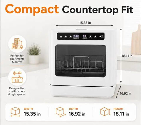 Top Notch No Sweat Countertop Mini Dishwasher With 800 Watt Motor And Six Point Eight Liter Tank Featuring 360 Degree Splash Spray Four Wash Cycles And Seventy Two Hour Fresh Keep Storage For Quick Daily Cleanup, compact design with white finish.