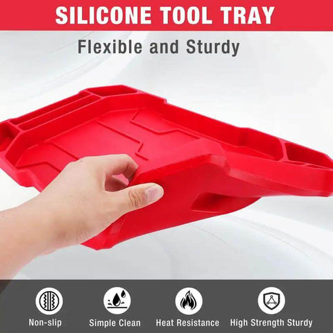 Red silicone tool tray being held, showing flexible and sturdy material, part of 5-Piece Non-Slip Tool Tray Set With Silicone Tool Mats And Magnetic Parts Trays For Easy Garage Workshop Organization Holds Hammers Screwdrivers Pliers And Small Parts Securely