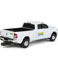 New Holland Ram 3500 Big Horn Dealership Diecast Pickup Truck 1 By 64 Scale With Chrome Grille And Bumpers, rear view angle