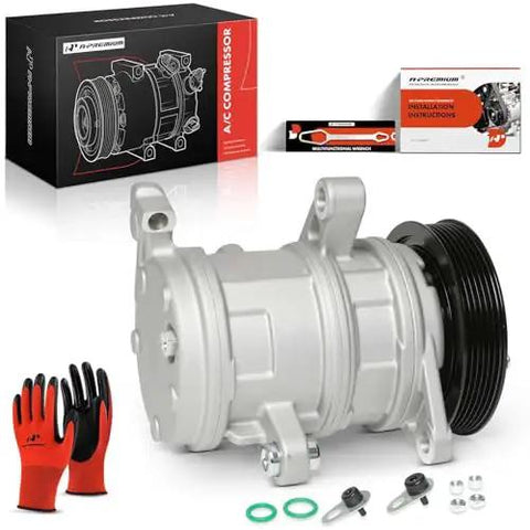 Air Conditioning Compressor With Clutch For Dodge Ram 1500 2004-2007, Dakota 2004-2007, Mitsubishi Raider 2006-2007, shown with packaging