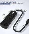 Two Pack Slim 3 Outlet Power Strip With 1 Foot Heavy Duty Extension Cord Portable Black Power Bar For Office Desk Computer Travel Space Saving ETL Listed 1625W Indoor Use, showing dimensions and plug details