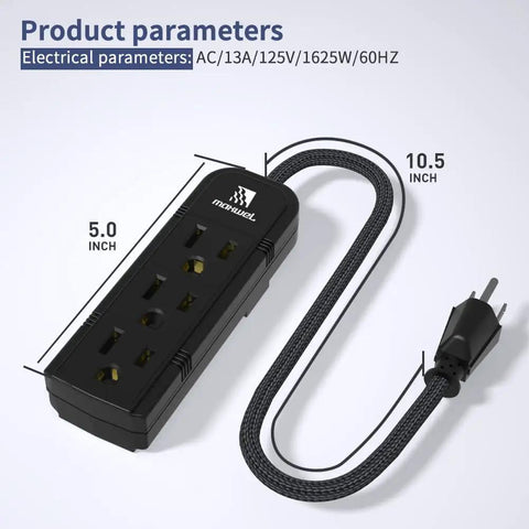 Two Pack Slim 3 Outlet Power Strip With 1 Foot Heavy Duty Extension Cord Portable Black Power Bar For Office Desk Computer Travel Space Saving ETL Listed 1625W Indoor Use, showing dimensions and plug details