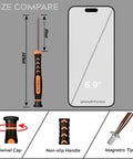 Magnetic Torx Screwdriver Set T2 Through T15 size comparison with iPhone, showcasing swivel cap, non-slip handle, magnetic tip.
