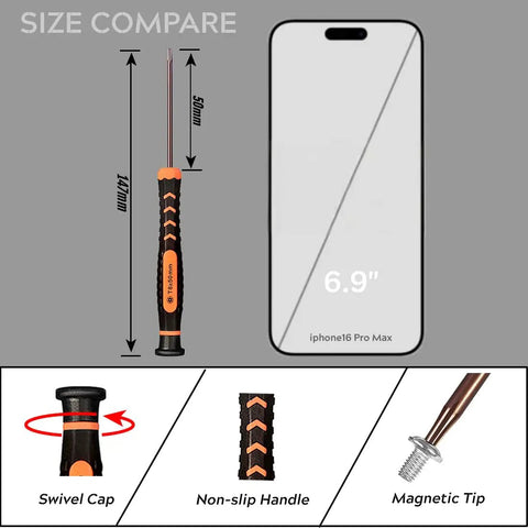 Magnetic Torx Screwdriver Set T2 Through T15 size comparison with iPhone, showcasing swivel cap, non-slip handle, magnetic tip.