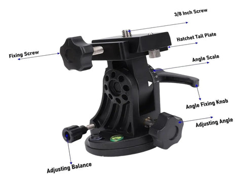90 Degree Adjustable EQ Wedge For Astronomy with labeled parts, showing the fixing screw, angle scale, and adjusting knobs
