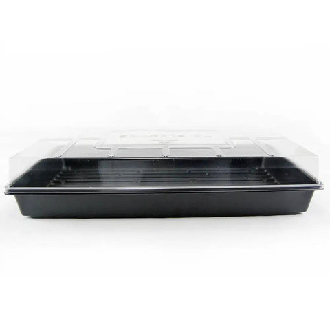 Clear Plastic Humidity Domes 5 Pack For 10x20 Germination Trays, Reusable Greenhouse Grow Covers, shown with black tray