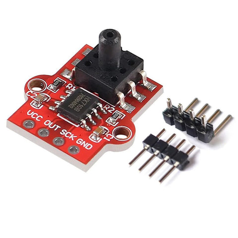 Front view of HiLetgo digital barometric pressure sensor module on red PCB with pressure port and VCC OUT SCK GND pins.