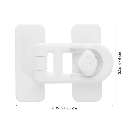 Top view of white plastic childproof lock showing dimensions, part of 4 Pack Childproof Refrigerator And Oven Door Locks.