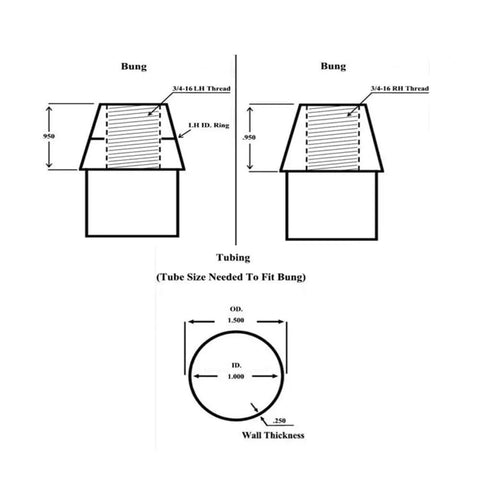 Diagram of Heavy Duty 3/4X3/4 16 Heim Joints With 3/4 Bungs And .250 Inch Wall Thickness specifications for tubing and bungs.