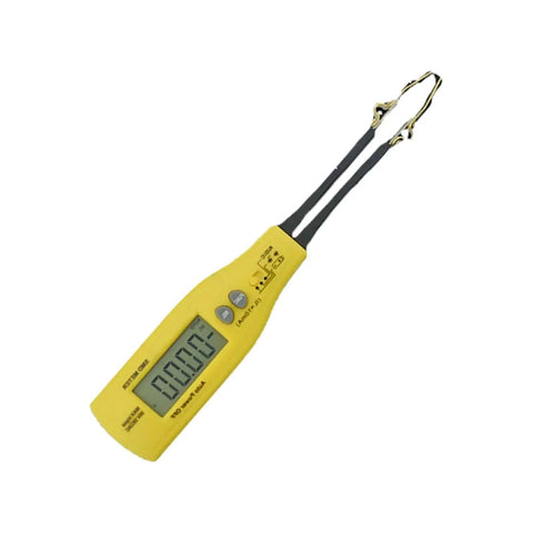 Yellow Digital Multimeter With LED Clip Probes For Non Solder Testing showing display, ideal for PCB repair and DIY electronics