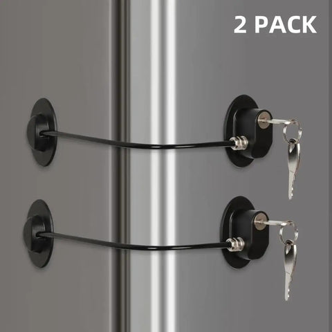 Two Pack Refrigerator Door Locks With Four Keys for child safety on stainless steel fridge, no drilling required, peel and stick mount