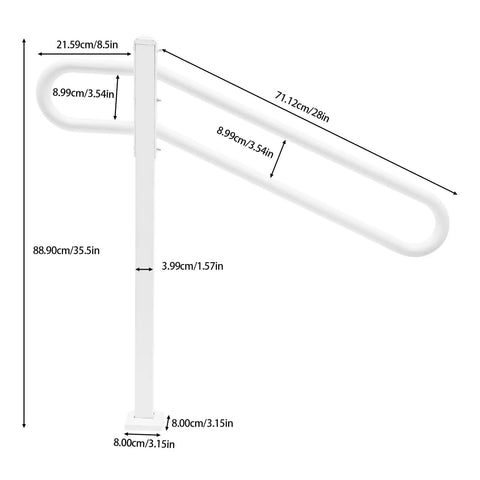 Heavy Duty Iron Wall Mounted Handrail And Outdoor Stair Railing Featuring Reinforced Frame and Non Slip Grip, dimensions and details shown.