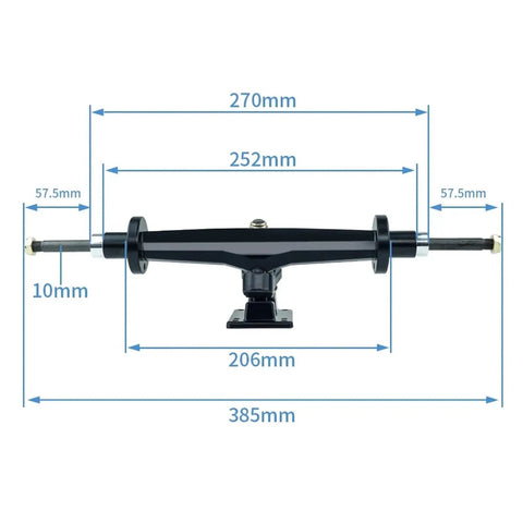 Straight-on view of 15.2 Inch Double Kingpin Trucks Kit For Electric Skateboard with measurements and preinstalled motor mounts.
