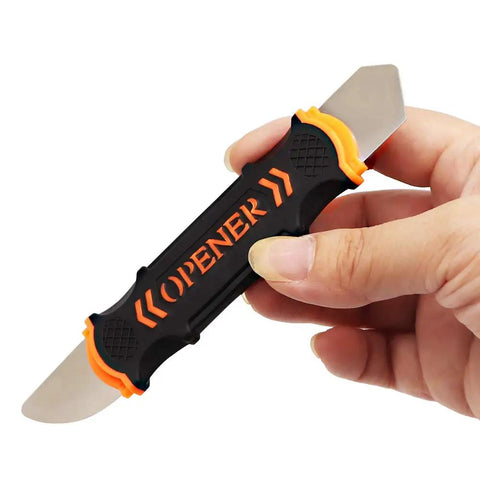 Hand holding precision spudger from Pro Grade Phone Repair Tools Kit With LCD Screen Opening Pliers Suction Cup Spudger Disassembly Set