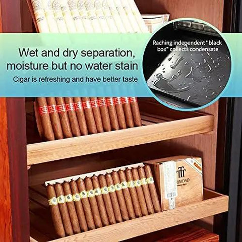 Beefy 380L Electric Cigar Humidor cabinet interior showing cedar shelves with cigars, humidity control features, and black box condensation tray.