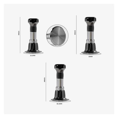 Pro Grade Stainless Steel Espresso Tamper Kit With Auto Rebound For 51 53 And 58 Mm Portafilters featuring black finish shown from multiple angles.