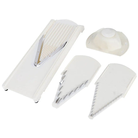 V Shape Mandoline Slicer For Quick Safe Veggie Slicing And Grating With Non Slip Base And Hand Guard, Durable Stainless Steel Blades And ABS Frame, Sturdy Kitchen Tool For Home Chefs, Easy Clean And Compact Storage, shown with components.