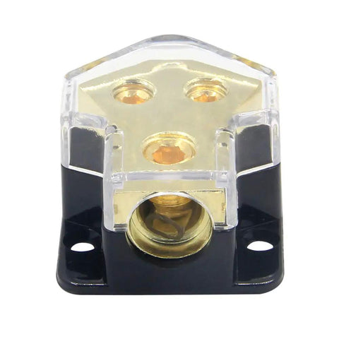 Two Way Car Audio Power Distribution Block With 0 2 4 AWG In And 4 8 10 AWG Out Copper High Performance Block With High Temp Plastic Cover Beefy Amp Splitter For Automotive RV ATV Boat And Marine Audio Systems, clear cover