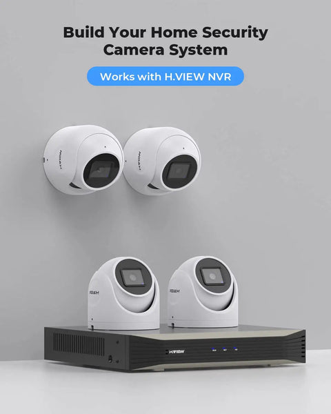 5MP Outdoor PoE Cam Dome Turret With 2.8mm Wide Lens, 97 Degree View, 100ft Night Vision on shelf with network recorder.