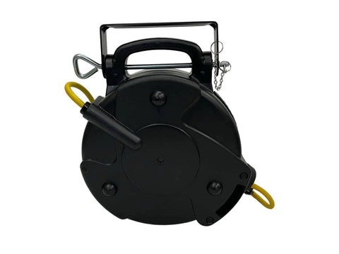 Heavy Duty 36 Foot Retractable Extension Cord Reel With 12 3 SJTOW Wiring 20 Amp Single Tap Industrial Cord in black casing
