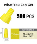 Yellow Winged Wire Twist Nuts Set 500 Pcs Assorted Wirenuts For 22 10 AWG Cable with dimensions and specifications.
