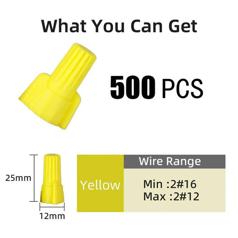 Yellow Winged Wire Twist Nuts Set 500 Pcs Assorted Wirenuts For 22 10 AWG Cable with dimensions and specifications.