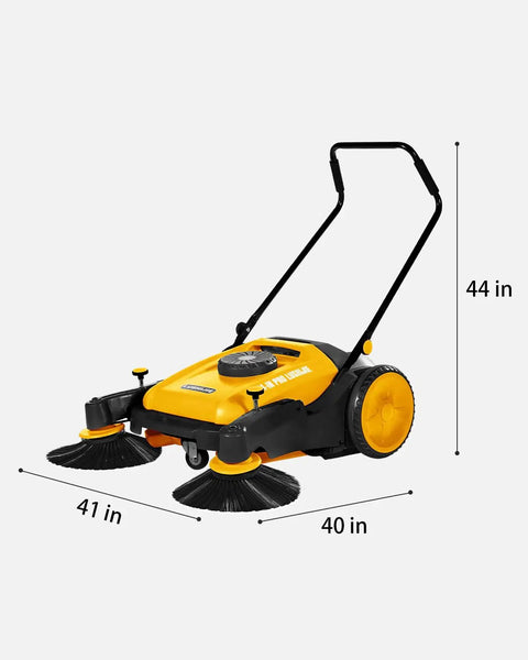 Kick Serious Dust With This Heavy Duty Manual Floor Sweeper Designed For Warehouses And Shops Featuring A 41 Inch Wide Commercial Push Broom That Runs Whisper Quiet And Cuts Through Grit Fast, shown from the side with dimensions.