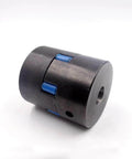 Shaft coupling, angled side view, black with blue inserts for waterjet booster pump