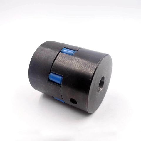 Shaft coupling, angled side view, black with blue inserts for waterjet booster pump